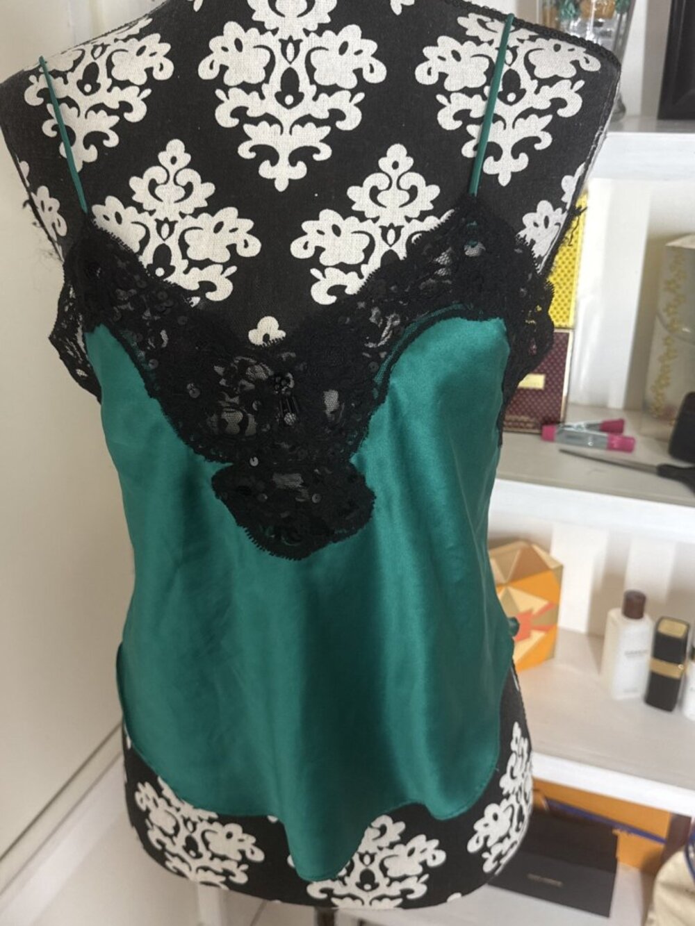 Vintage Victoria's Secret Gold Label Green Satin Black Lace Lingerie Cami Small